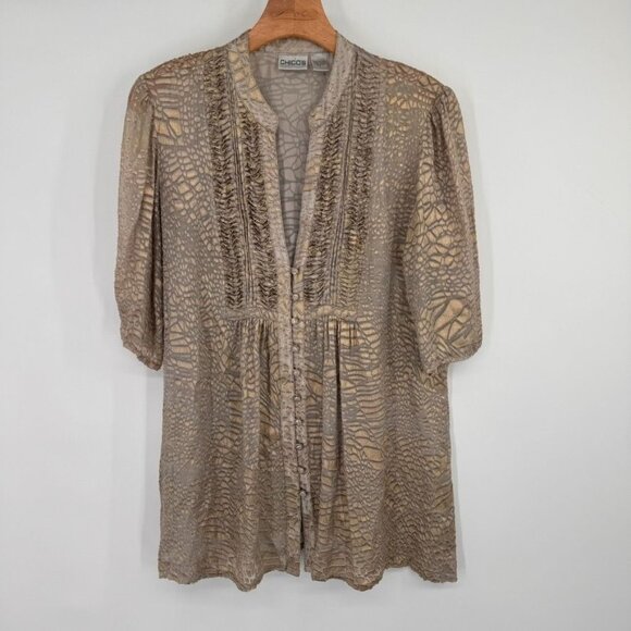 Chicos 1 Animal Print semi Sheer burnout Tunic 3/4 Sleeves Size medium Gold - Picture 2 of 11